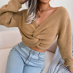 Olive Moss Twist-Front Crop Knit Sweater - View 14 | TEVQA