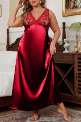 Plus Size Satin Nightgown with Floral Lace Bodice, V-Neck Maxi Sleep Dress - Red