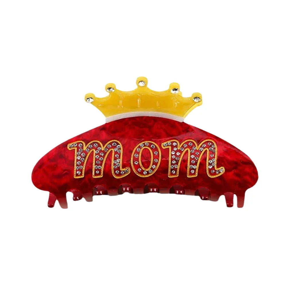 Red claw clip with 'Mom' and a yellow crown