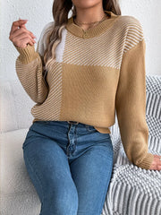 Modern Geometric Khaki Knit Sweater - TEVQA