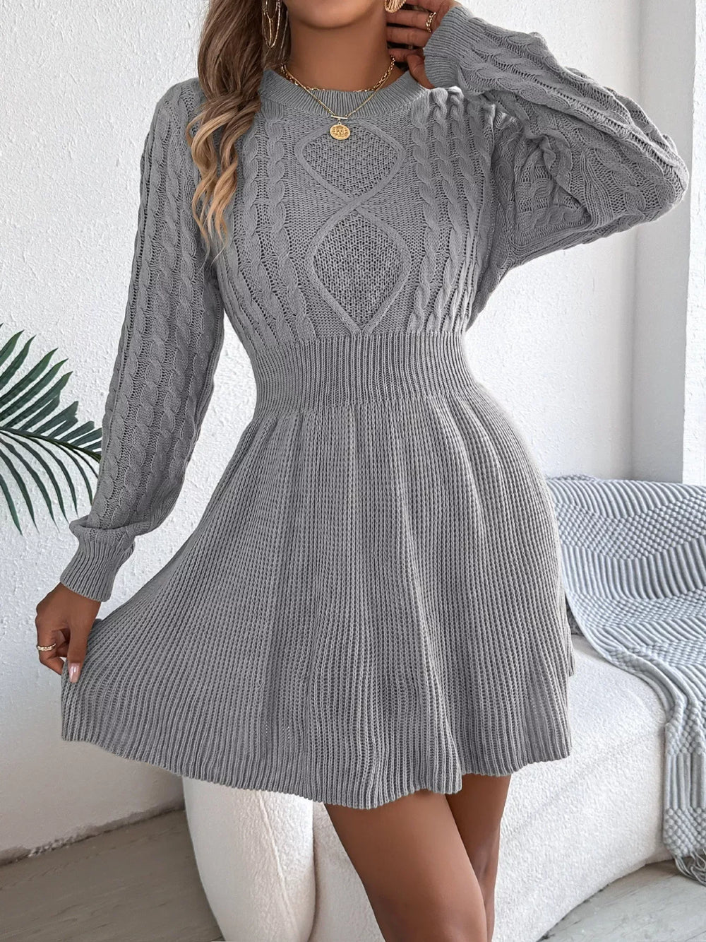 Cable Knit Sweater Dress - View 16 | TEVQA