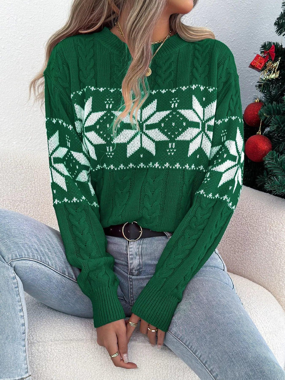 Emerald Green Snowflake Cable Knit Sweater - View 6 | TEVQA