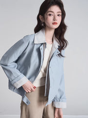 Layered Look Faux Leather Jacket Light Blue