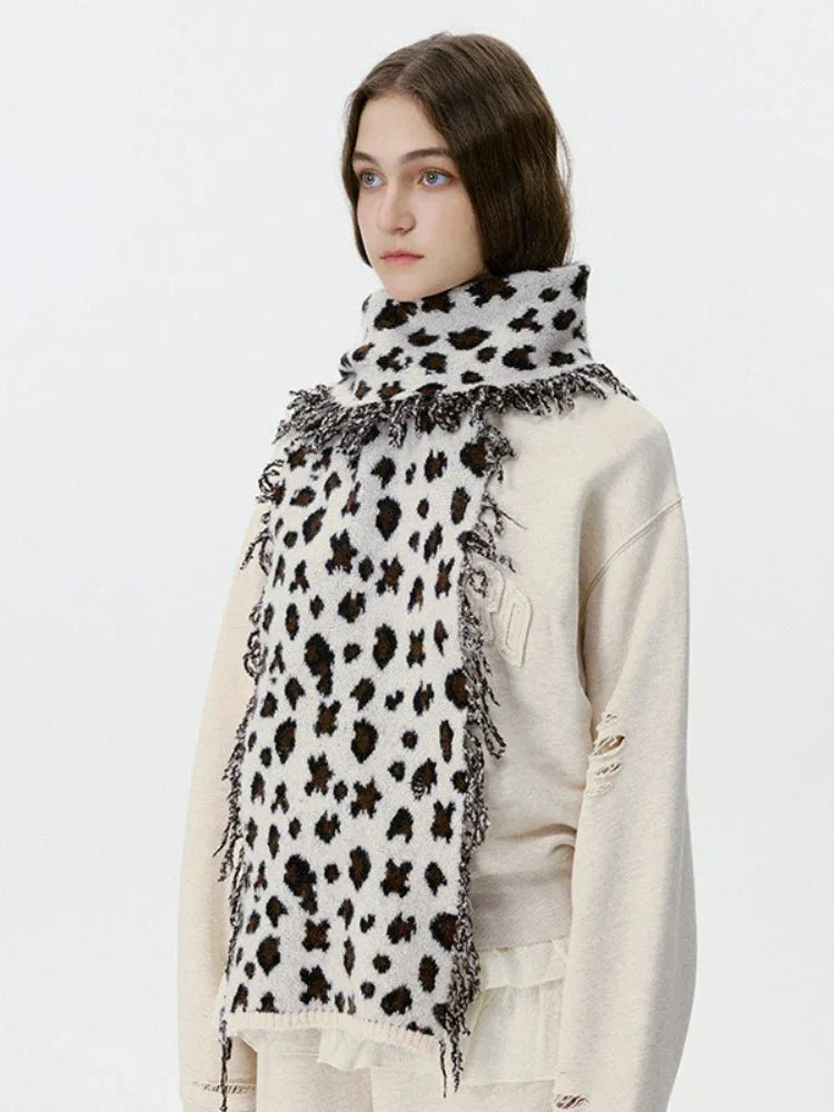 Vintage Leopard Print Knit Scarf - TEVQA