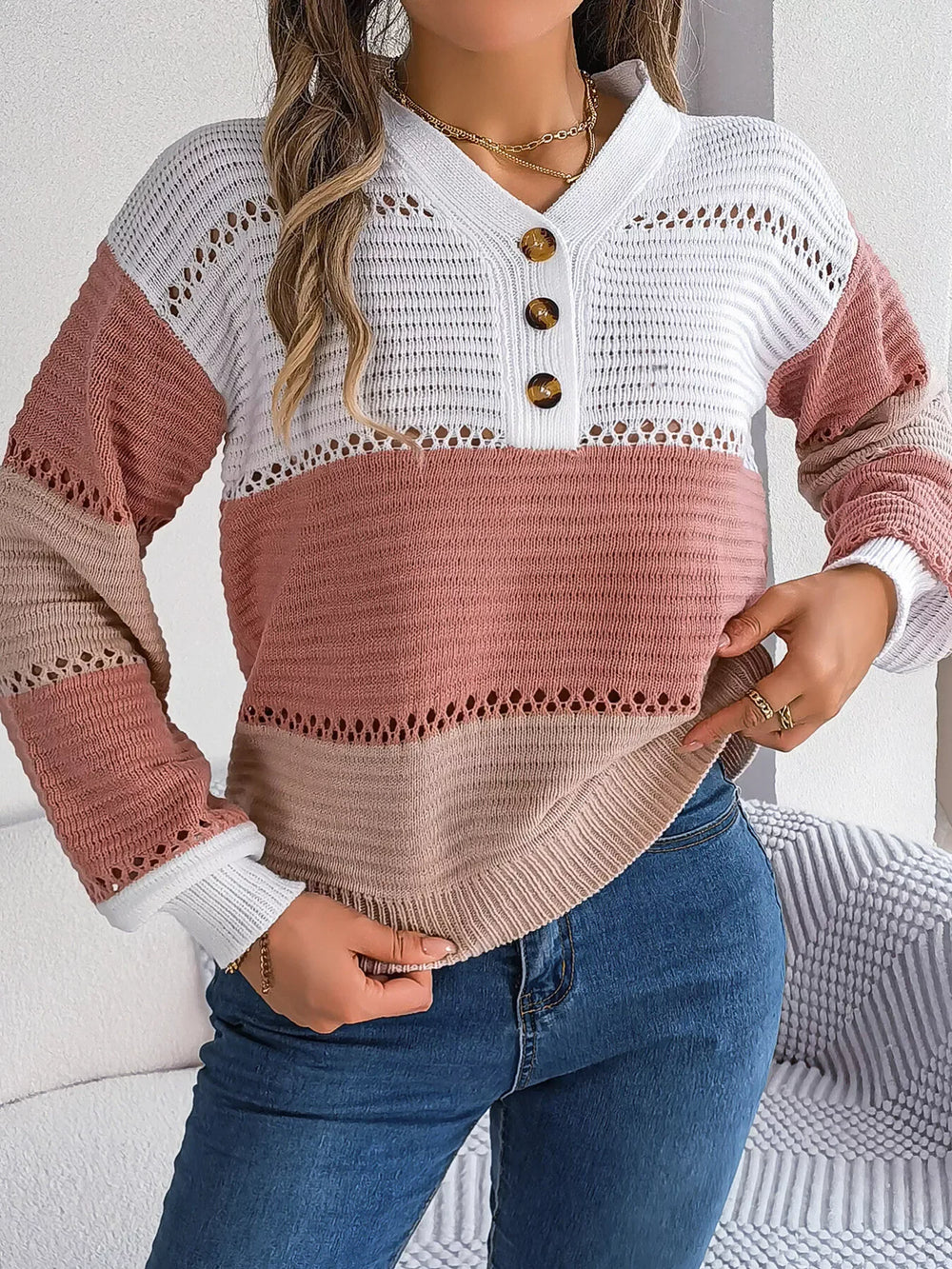 Color block knit henley sweater - View 17 | TEVQA