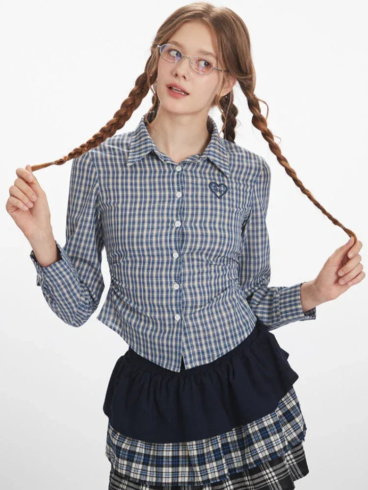 Vintage Blue Plaid Ruched Shirt - TEVQA