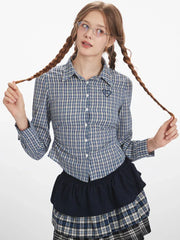 Vintage Blue Plaid Ruched Shirt - TEVQA