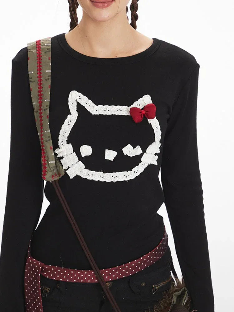 Y2K Coquette Aesthetic Abstract Cat Graphic Long Sleeve Top - TEVQA