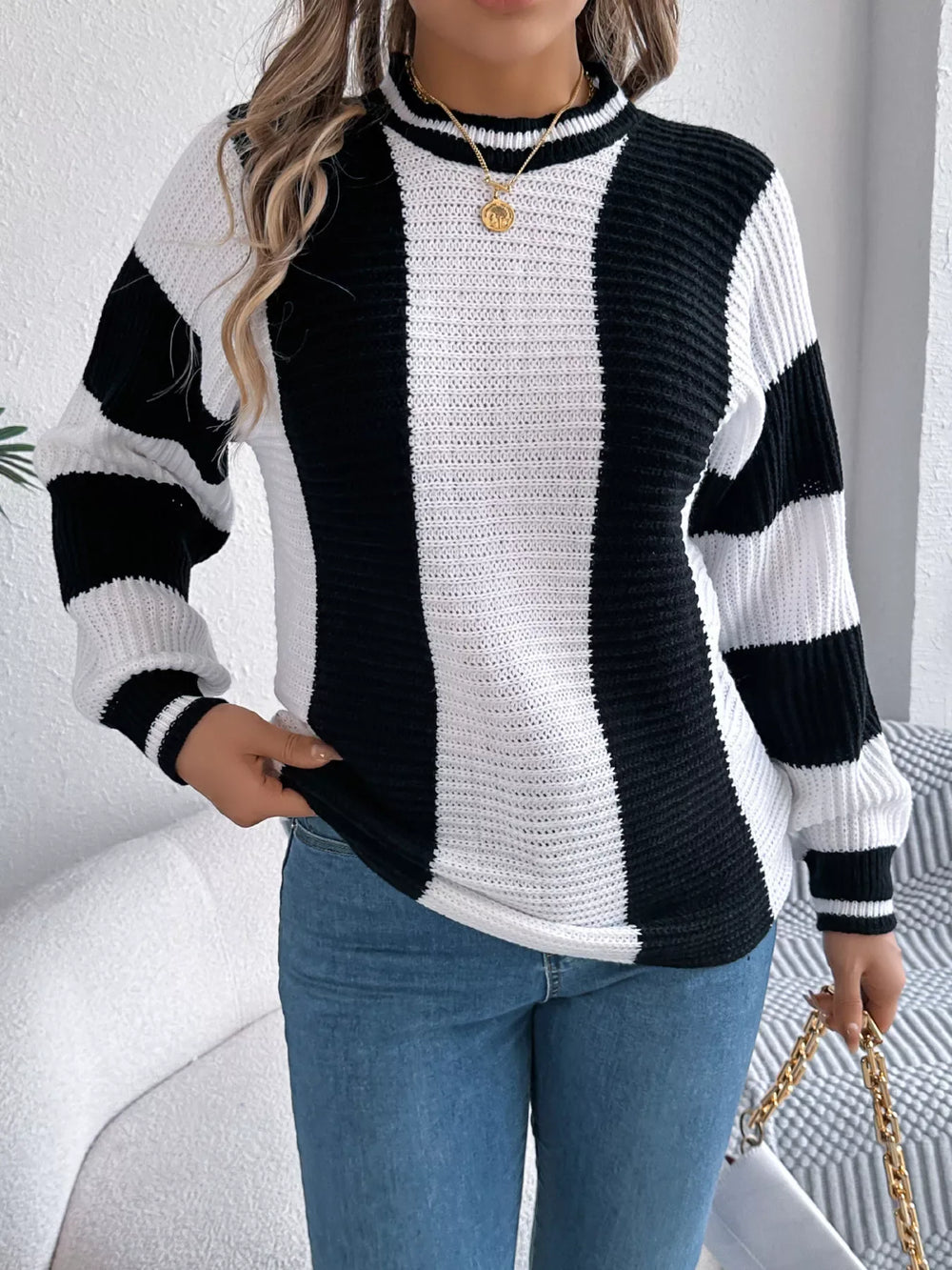 Vertical Stripe Knit Sweater - View 6 | TEVQA