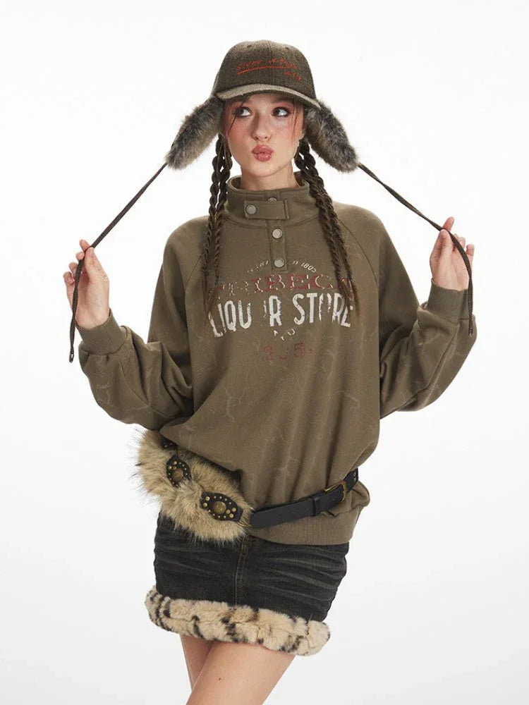Vintage Olive 'Tribeca' Graphic Mock Neck Sweatshirt - TEVQA
