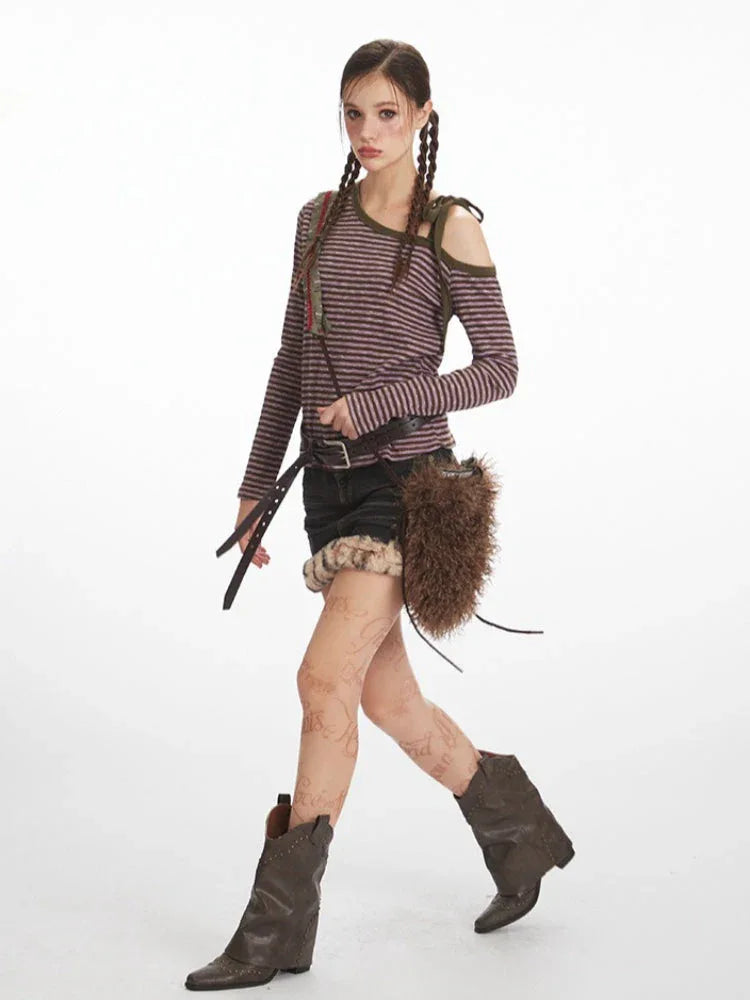 Y2K Grunge Asymmetrical Striped Long Sleeve Top - TEVQA