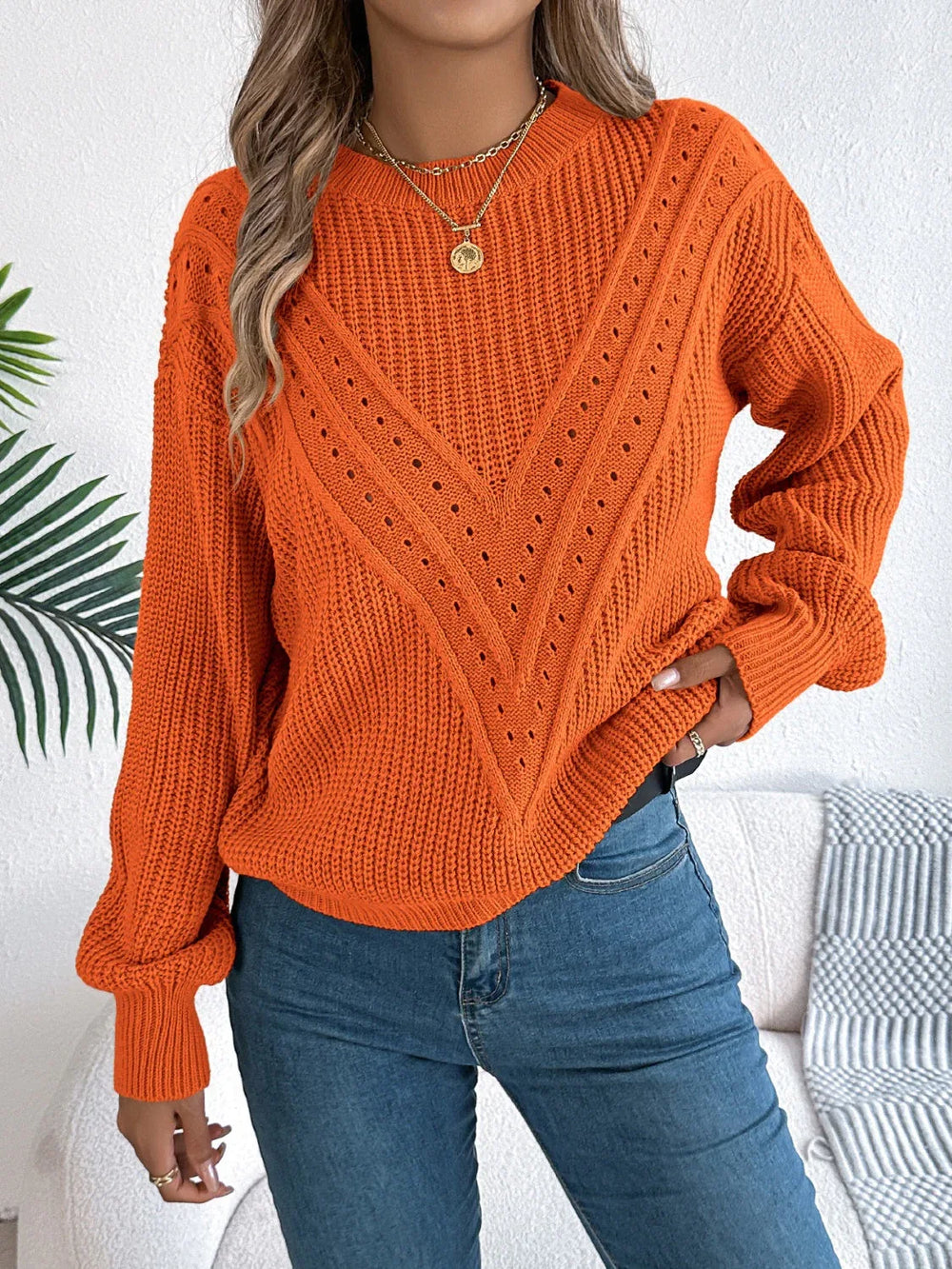 White Pointelle Knit Sweater - TEVQA