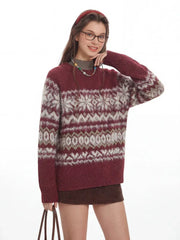 Vintage Burgundy Fair Isle Knit Sweater - TEVQA