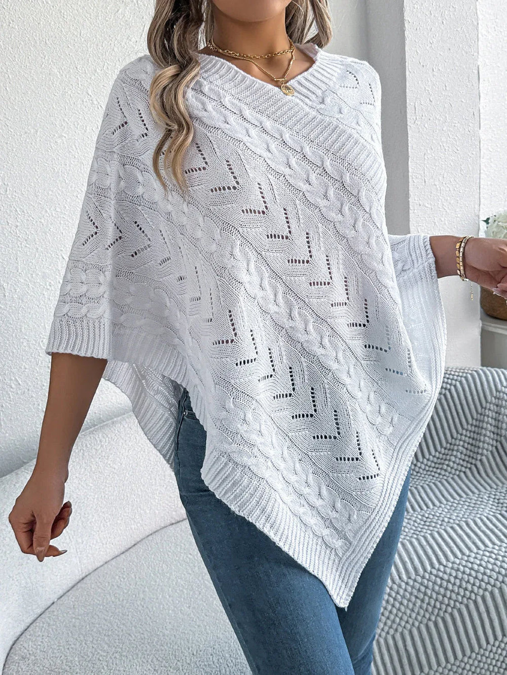 White Cable Knit V-Neck Poncho Sweater - TEVQA