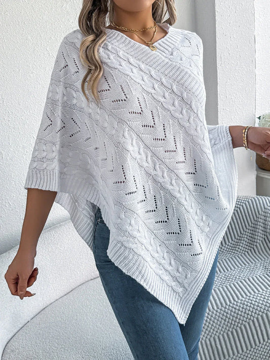 White Cable Knit V-Neck Poncho Sweater - TEVQA