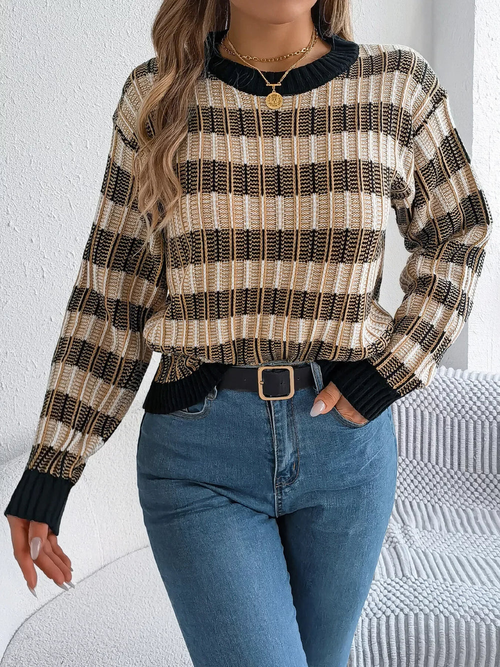 Vintage Lantern Sleeve Knit Sweater - Burgundy - TEVQA