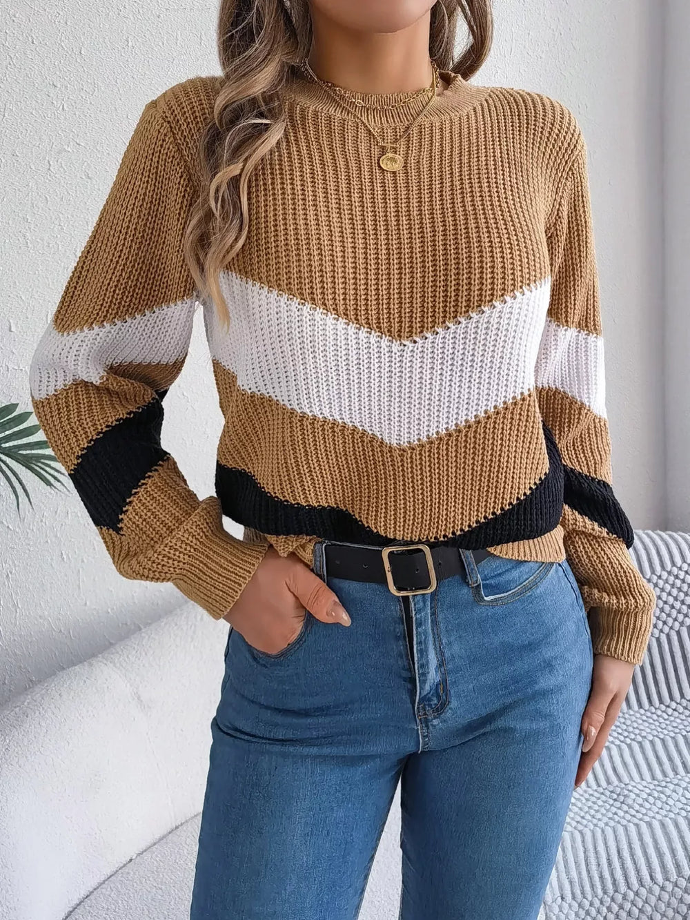 Women's Color Block Chevron Knit Sweater - TEVQA