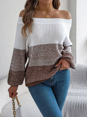 Monochrome Muse Off-Shoulder Color Block Knit Sweater