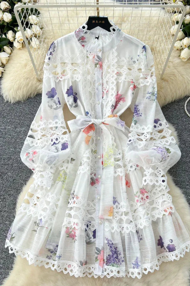 Floral print mini dress with lace panels and puff sleeves - View 7 | TEVQA