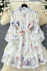 Floral print mini dress with lace panels and puff sleeves - View 7 | TEVQA
