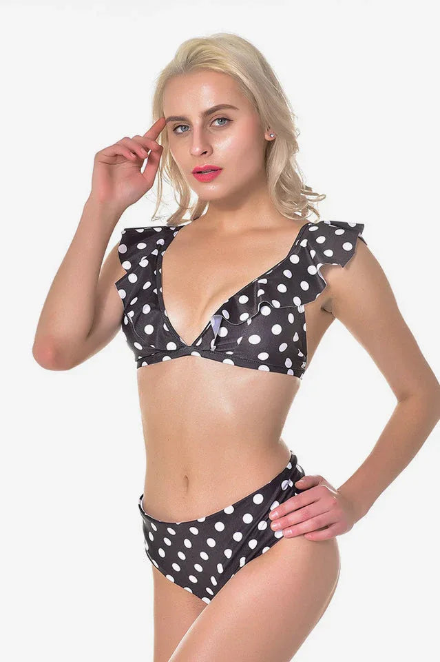 High Waist Polka Dot Bikini with Ruffle Trim - View 7 | TEVQA