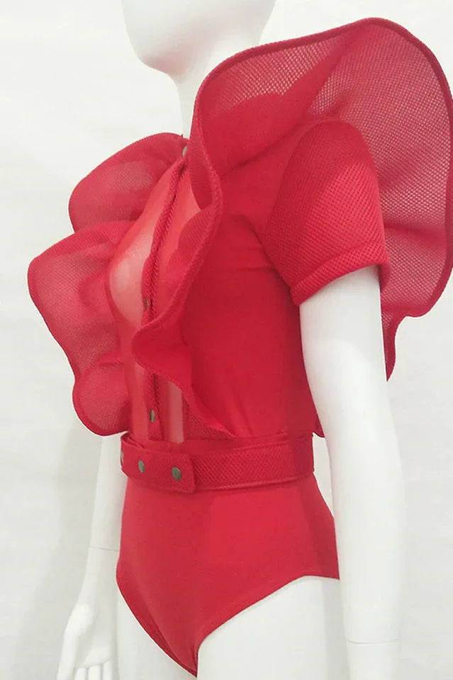 Mock Neck Bodysuit with Ruffle Detail - View 7 | TEVQA