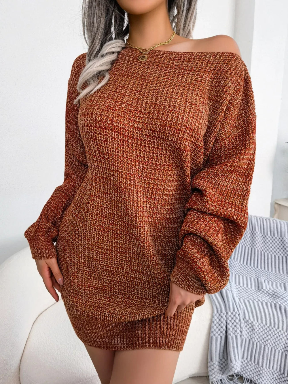 Green Marled Off-Shoulder Sweater Dress - View 9 | TEVQA