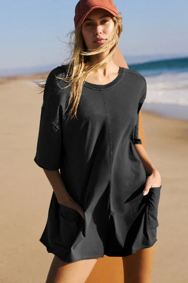 Oversized Crew Neck Romper with Open Back - View 15 | TEVQA