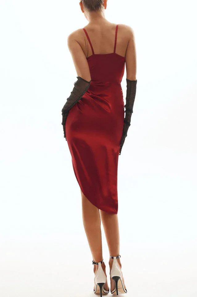 Wrap V Neck High Slit Draped Slip Midi Dress - TEVQA