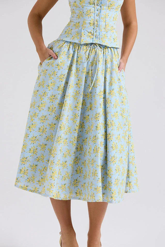 Vintage Floral Print Top + Skirt Set - TEVQA