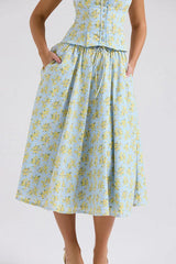 Vintage Floral Print Top + Skirt Set - TEVQA