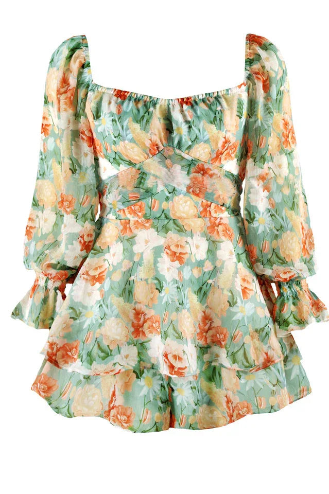 Floral shirred sleeve romper - View 16 | TEVQA