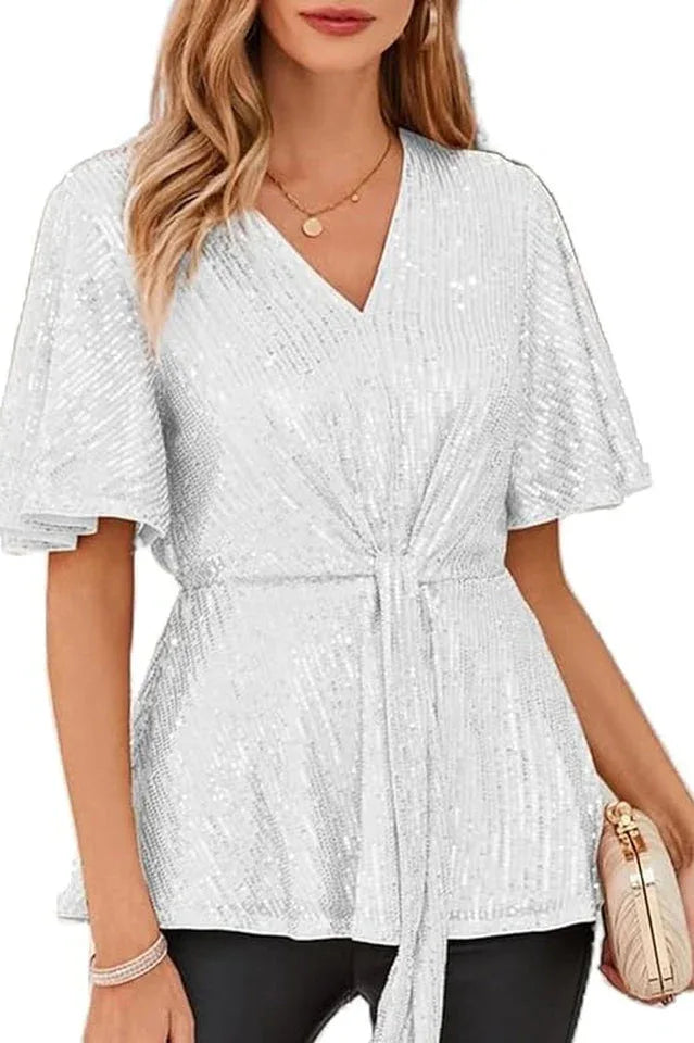 Sequin Peplum Top with Flutter Sleeves - View 12 | TEVQA