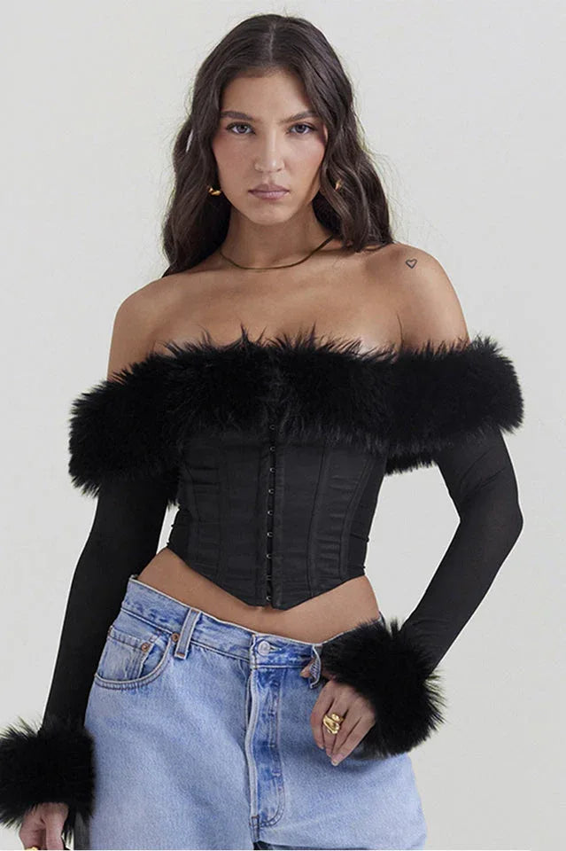 Ravenna Faux Fur Trim Corset Top | Black Off-Shoulder Mesh Long Sleeve Bustier - TEVQA