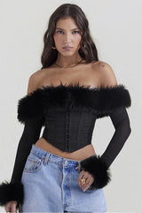 Ravenna Faux Fur Trim Corset Top | Black Off-Shoulder Mesh Long Sleeve Bustier - TEVQA