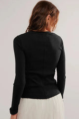 Vintage Rouge Ribbed Button-Front Long Sleeve Top - TEVQA