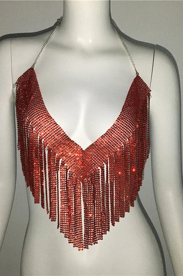 Sparkling Crystal Chainmail Crop Top - Backless Rhinestone Metal Mesh Cami - TEVQA