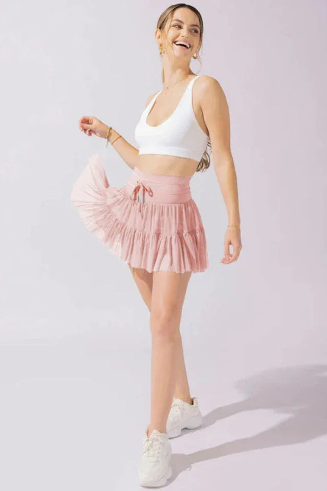 Pirouette Skort with Ruffled Tulle and Drawstring Waist - View 17 | TEVQA