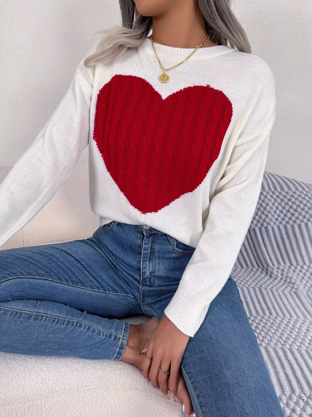 Grey and white cable knit heart sweater - View 16 | TEVQA