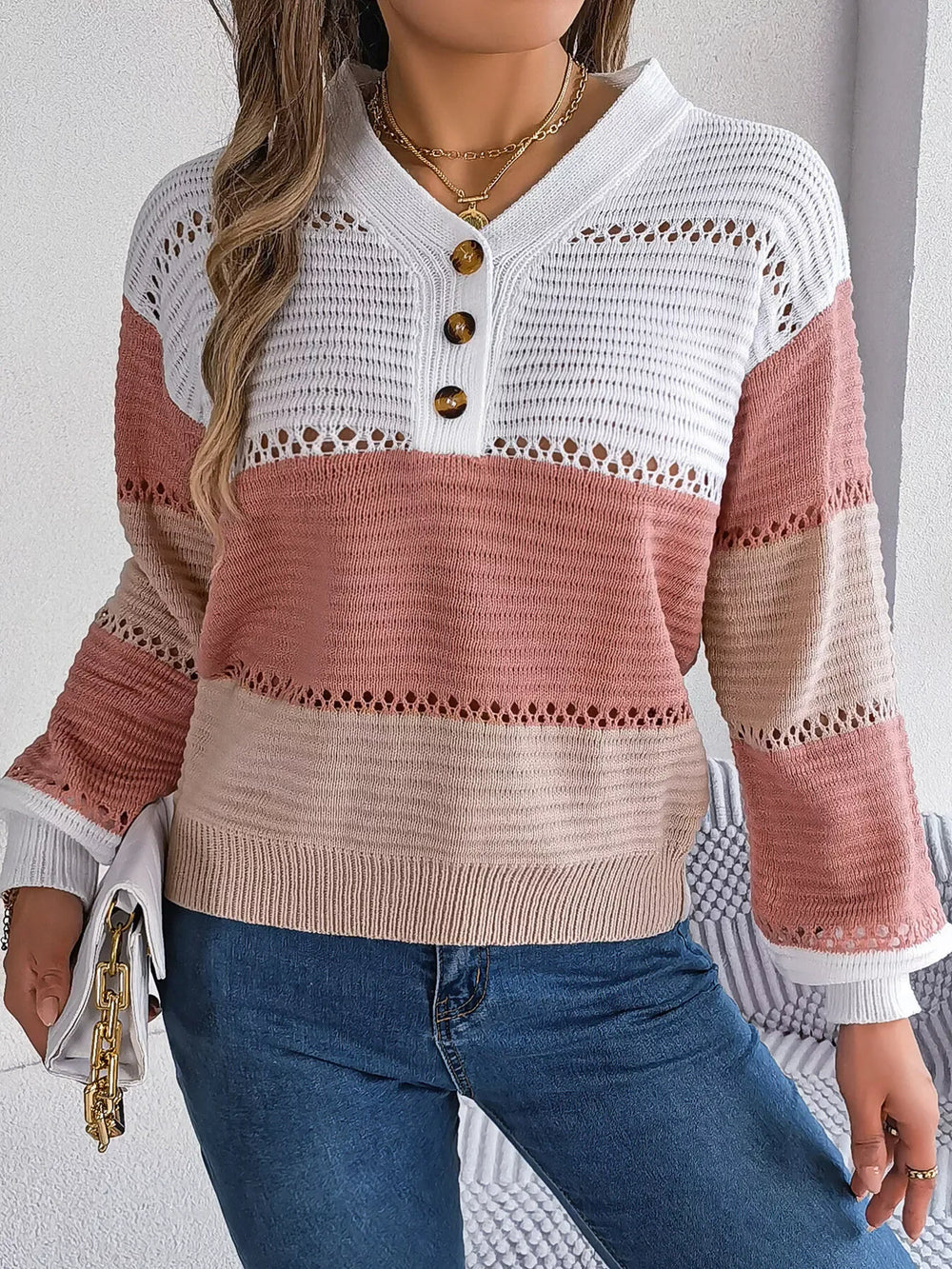Color block knit henley sweater - View 16 | TEVQA