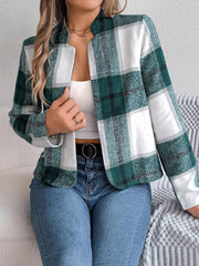 Chic Navy Blue Plaid Cropped Jacket