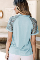 Lace Sleeve Pleated Mock Neck Blouse - View 16 | TEVQA