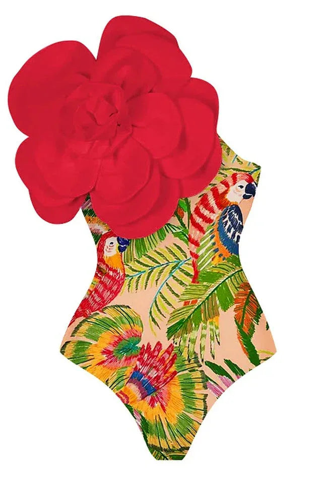 One shoulder swimsuit with tropical print and floral applique, paired with a matching skirt. - View 18 | TEVQA