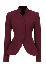 Close-up of a burgundy jacket with a mandarin collar, button closure, and embroidered hem.