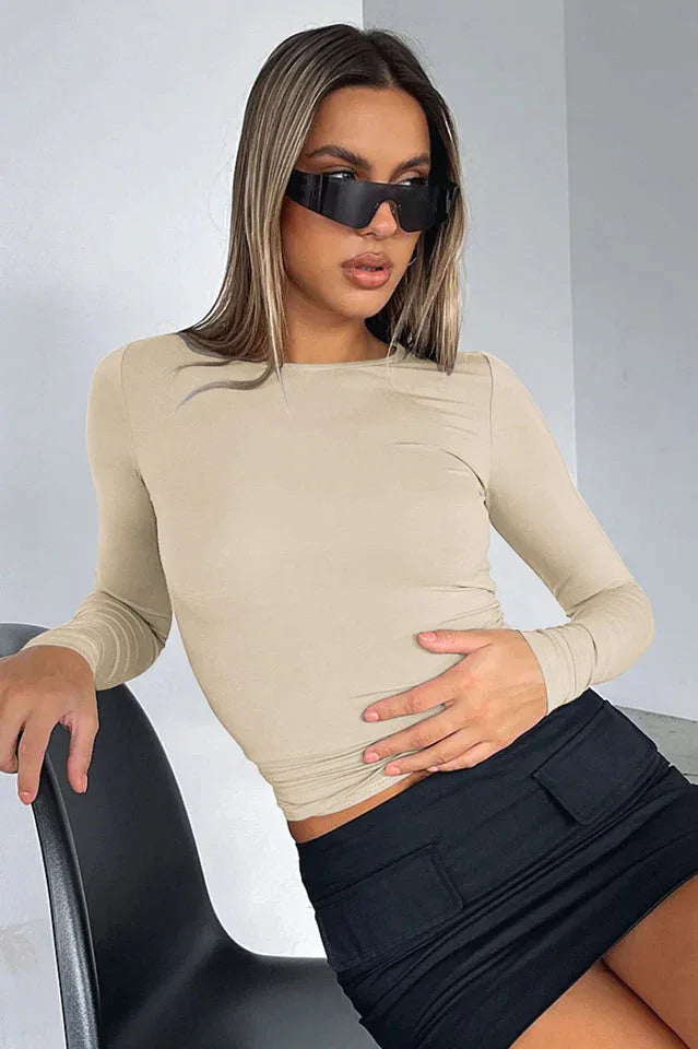 Fitted long sleeve crew neck top - View 9 | TEVQA