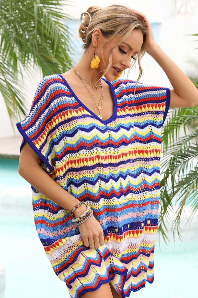 Rainbow Stripe Scalloped V-Neck Cover-Up Dress | Dress In Beauty