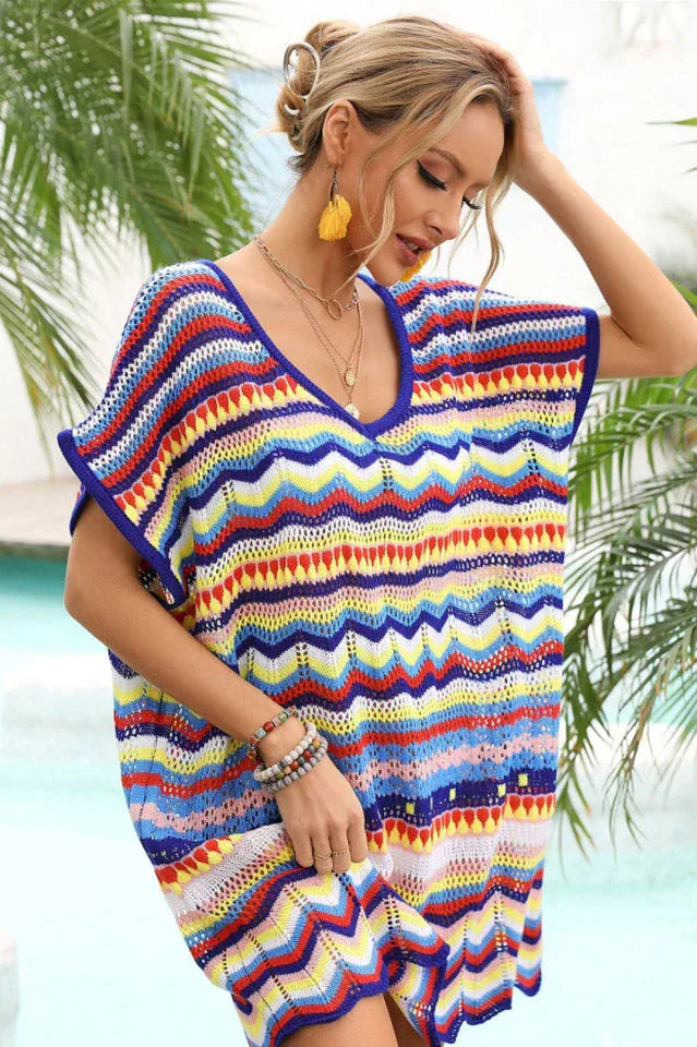Crochet V-Neck Beach Cover-Up Dress in Green - View 6 | TEVQA