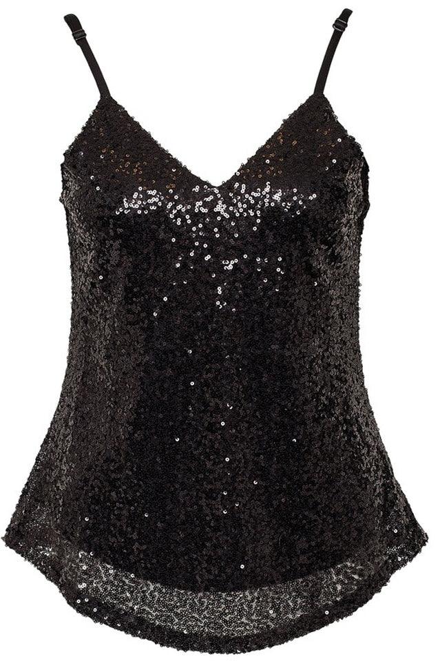 Black Sequin V-Neck Cami Top | Sparkly Loose Fit Spaghetti Strap Tank - TEVQA