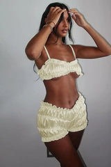 Satin short set with adjustable straps and gathered detail - View 9 | TEVQA