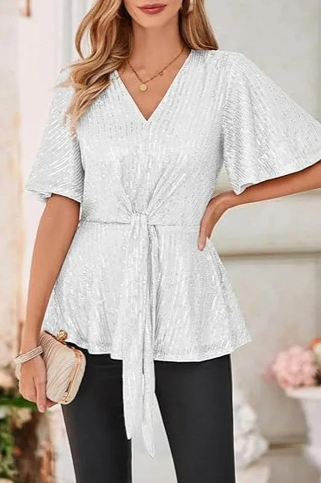 Sequin Peplum Top with Flutter Sleeves - View 11 | TEVQA